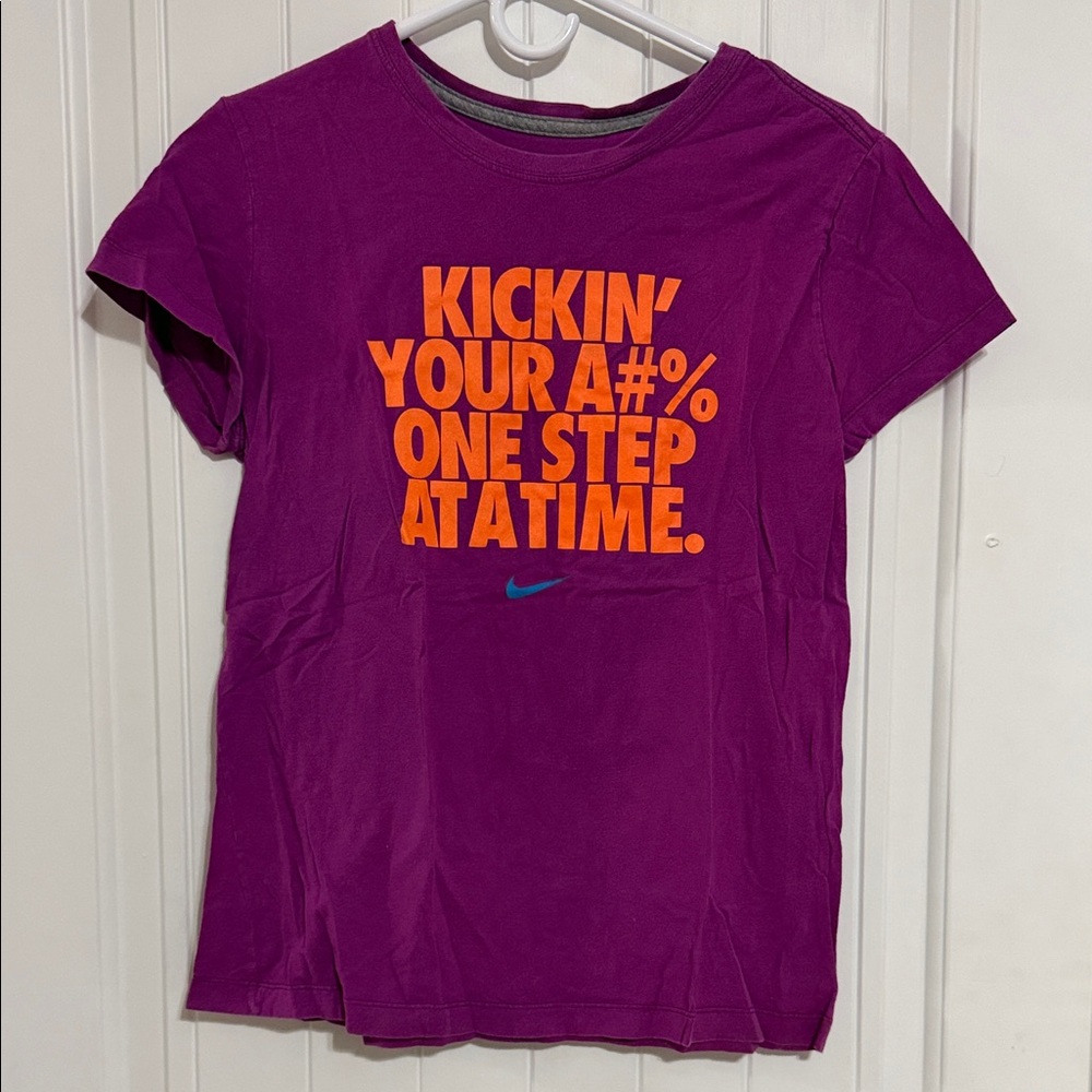 Nike Purple Tee with Orange Slogan and Blue Swoosh